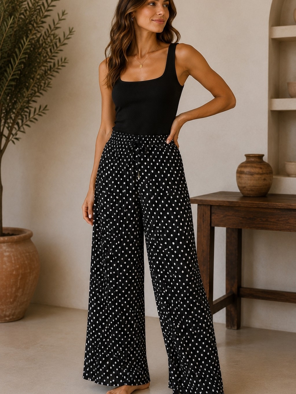 Polka Dot Black Wide-Leg Pants with Drawstring Waist